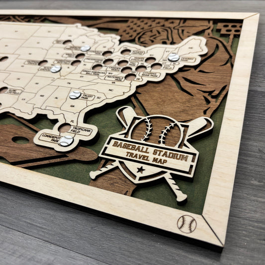 Wooden map of baseball stadiums with pins on a wooden surface