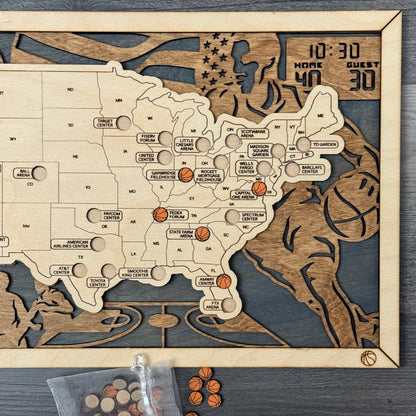 Wooden map of the United States with engraved details on a dark surface