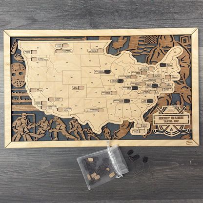Wooden map of hockey stadiums on  with a bag of hockey puck tokens.