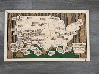 National Parks Map Tree Trunks with Custom Name Plate