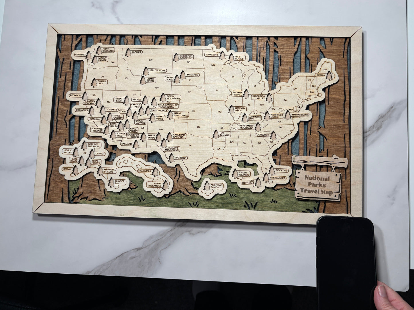 National Parks Travel Map Tree Trunks Background with Story Tag
