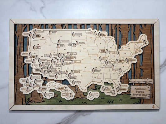 National Parks Travel Map Tree Trunks Background with Story Tag
