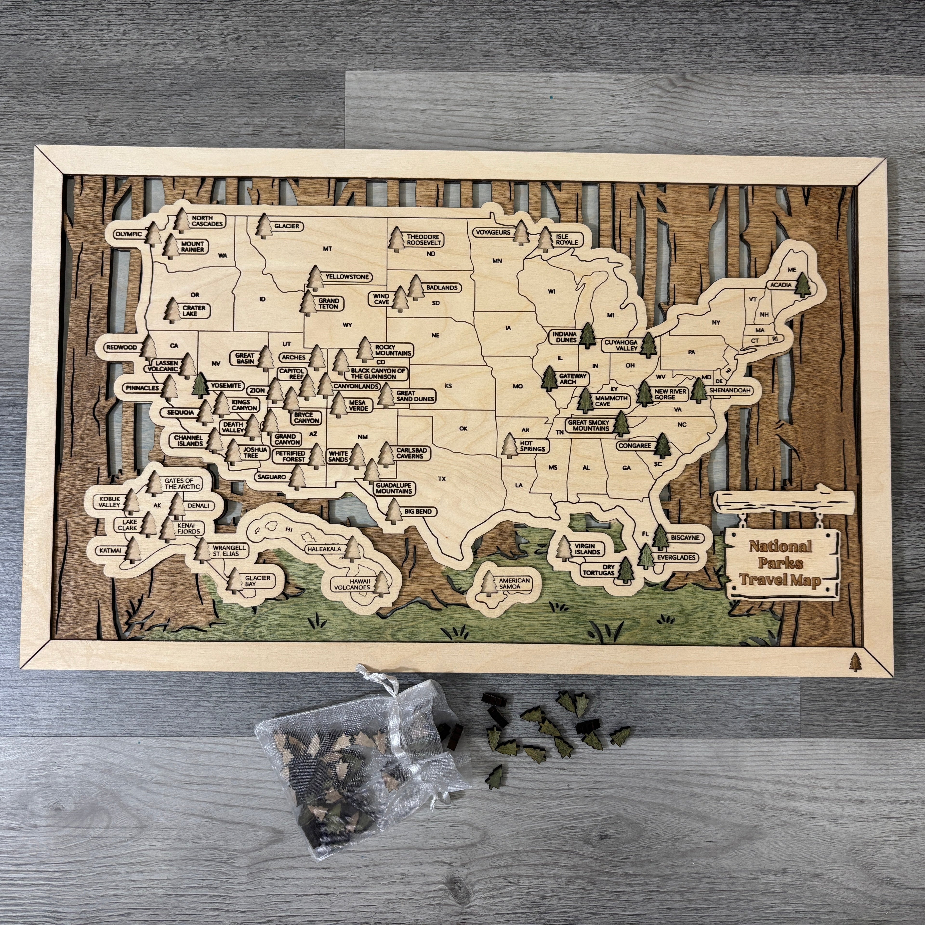National Parks Travel Map with Story Tag, Tree Trunks, Personalization Available