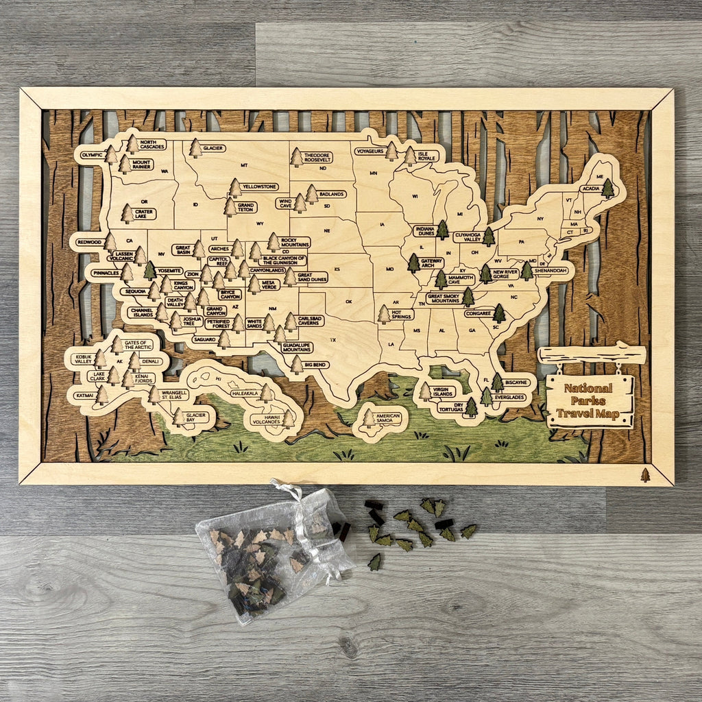 National Parks Travel Map with Story Tag, Tree Trunks, Personalization Available