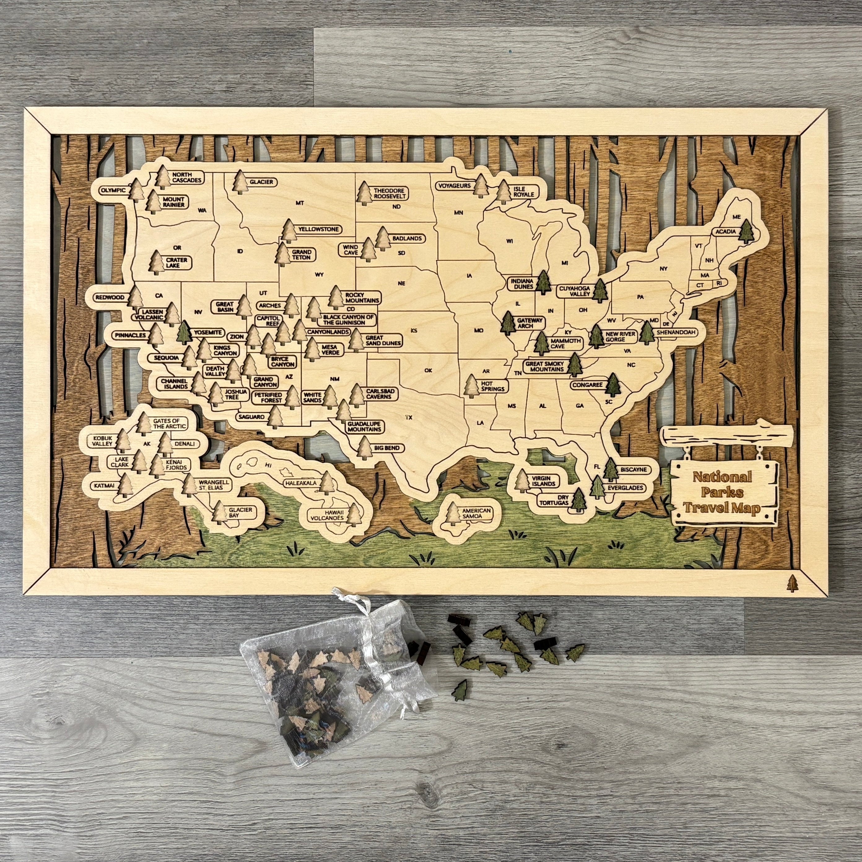 National Parks Travel Map with Story Tag, Tree Trunks, Personalization Available