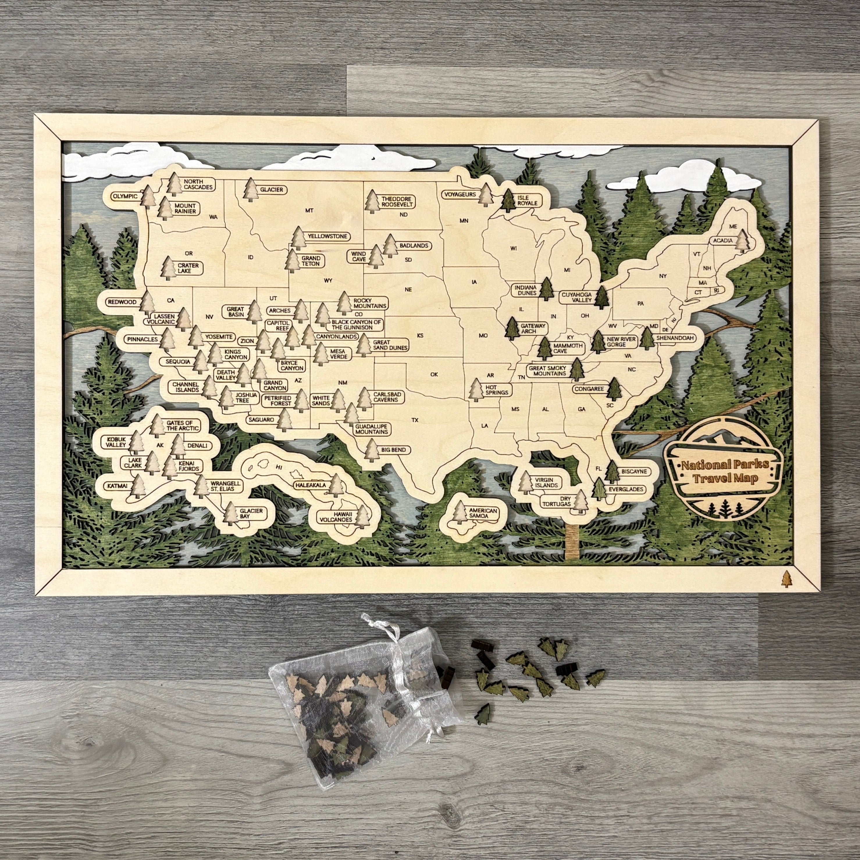 National Parks Travel Map with Story Tag, Forest, Personalization Available
