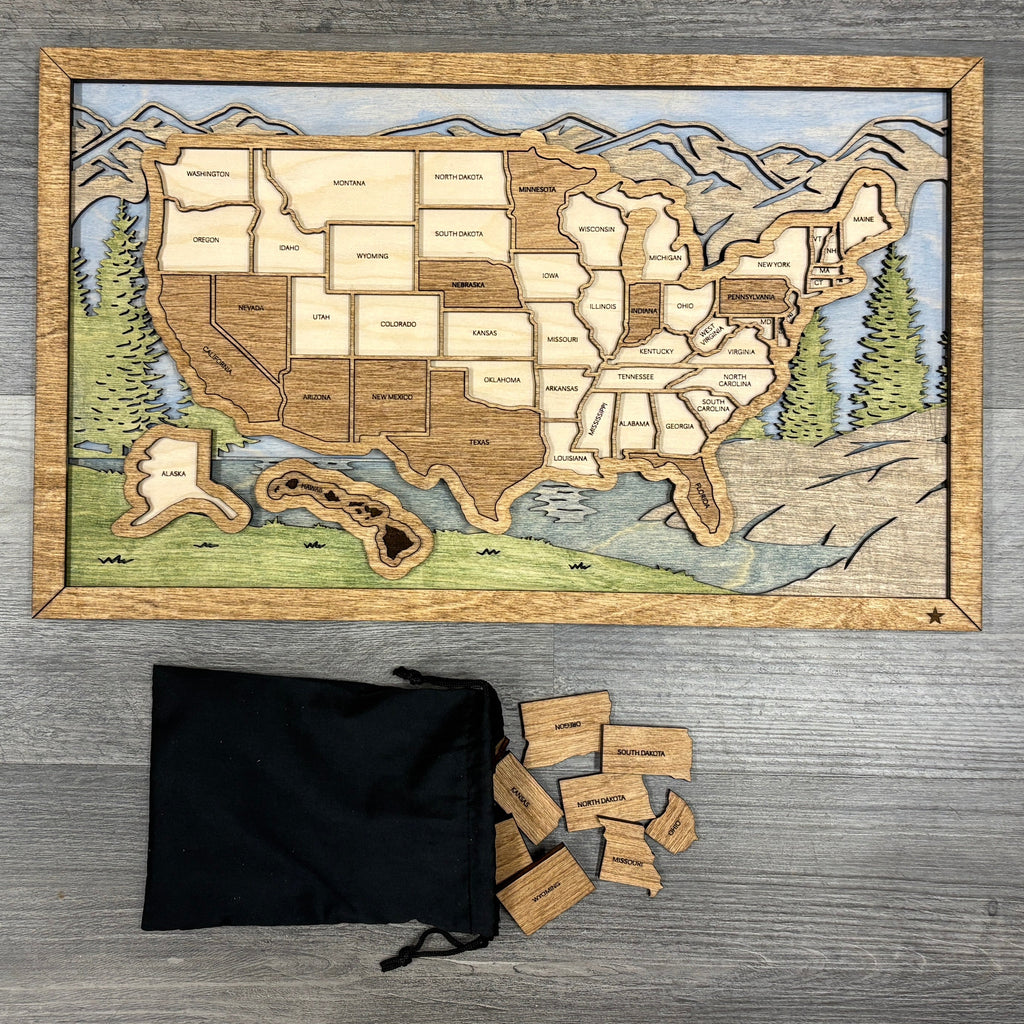 Wooden map of the United States with wooden pieces on a wooden surface