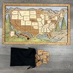 Wooden map of the United States with wooden pieces on a wooden surface