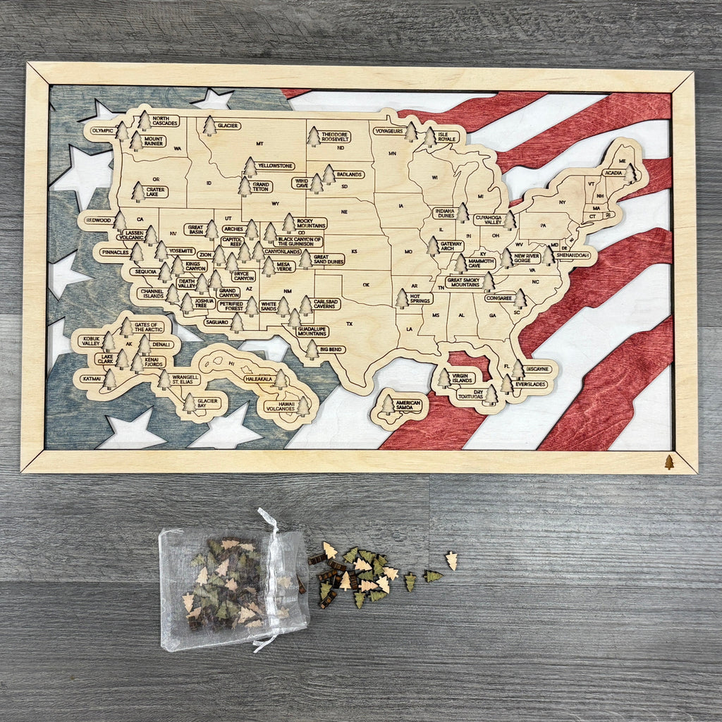 National Parks Travel Map with Story Tag, Flag, Personalization Available