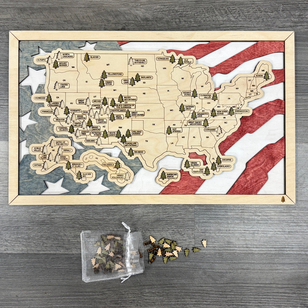 National Parks Travel Map with Story Tag, Flag, Personalization Available