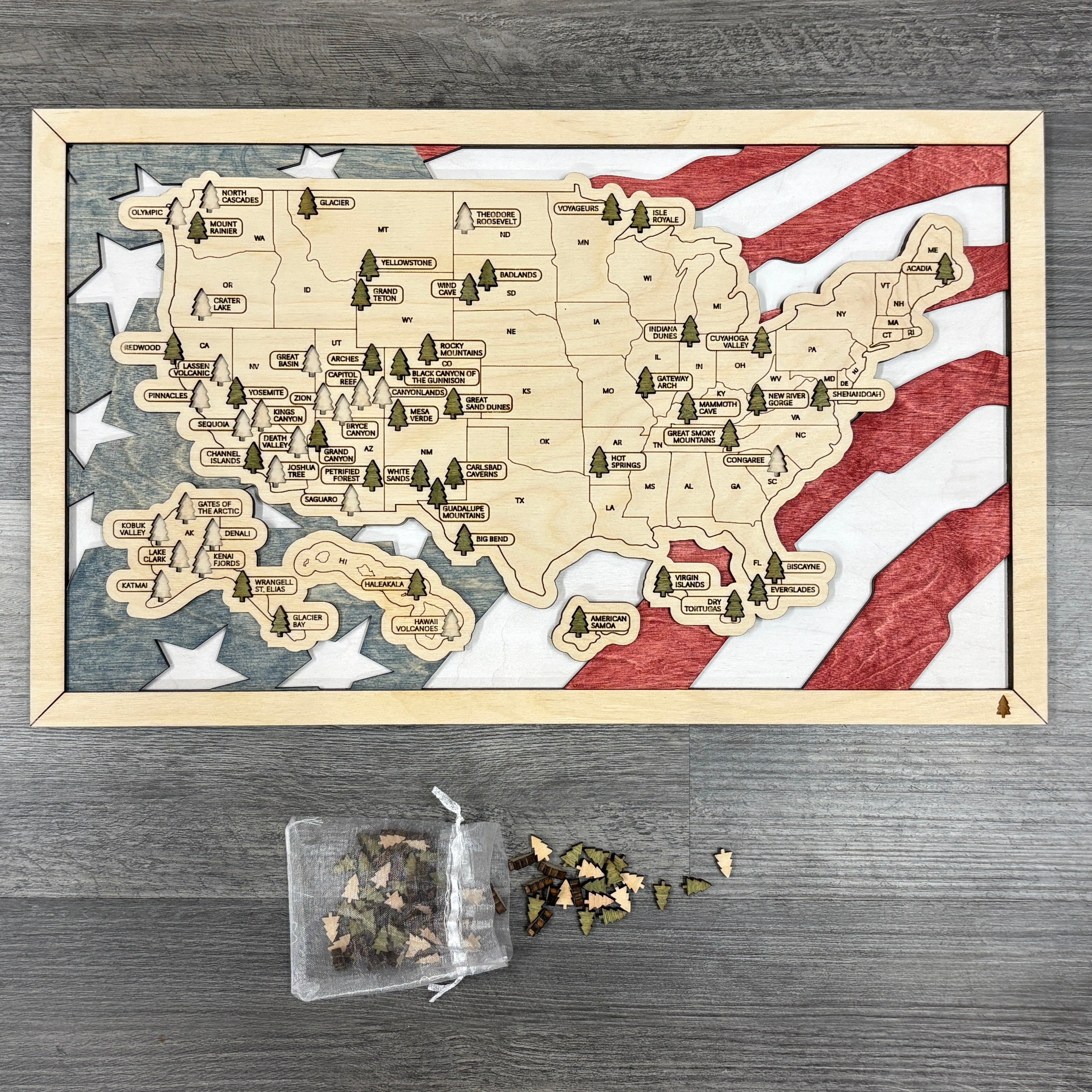 National Parks Travel Map with Story Tag, Flag, Personalization Available