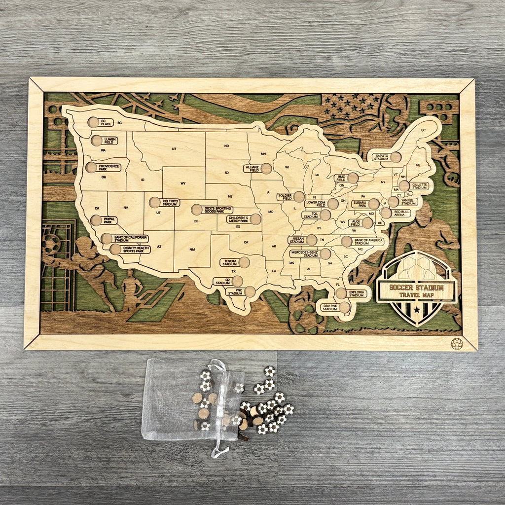 Soccer Stadiums Travel Map with Story Tag - Personalization Available