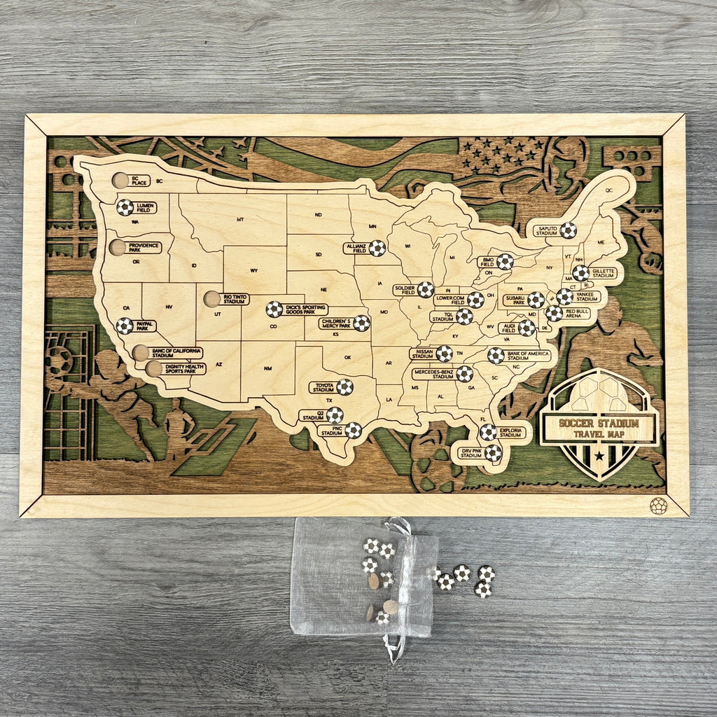 Soccer Stadiums Travel Map with Story Tag - Personalization Available