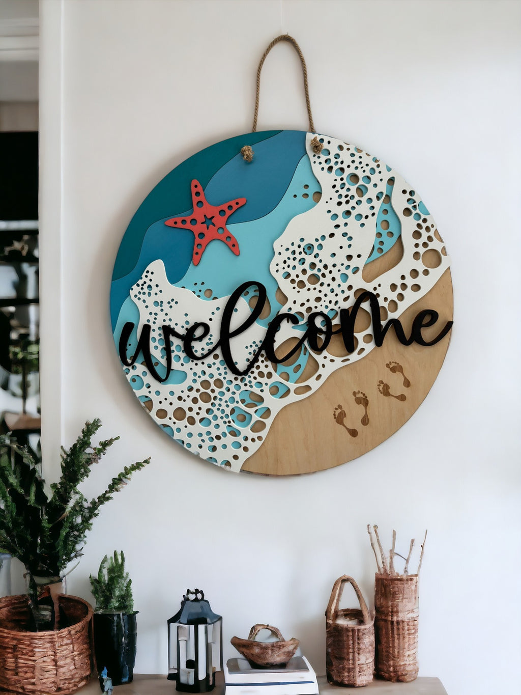 Ocean Waves Round Welcome Sign